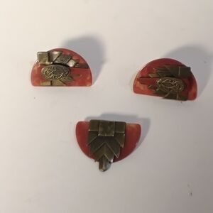 Lucite Art Deco Geometrical Clipon Earrings With Matching Pin Brooch